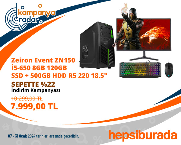 Zeiron Event ZN150 İ5-650 8GB 120GB SSD + 500GB HDD R5 220 18.5"