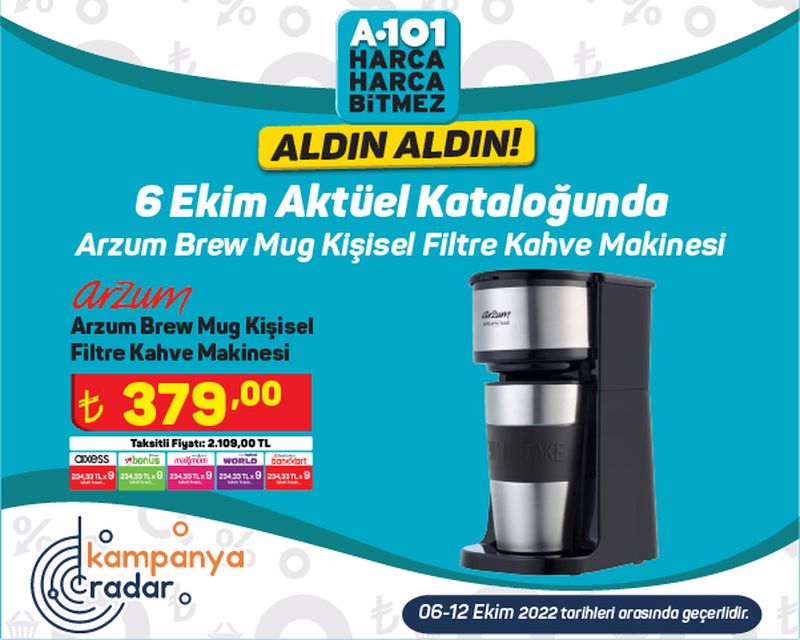 A101 6 Ekim kataloğunda Arzum Brew Mug Kişisel Filtre Kahve Makinesi