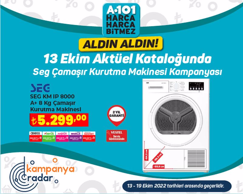 A101 13 Ekim kataloğunda Seg çamaşır kurutma makinesi kampanyası