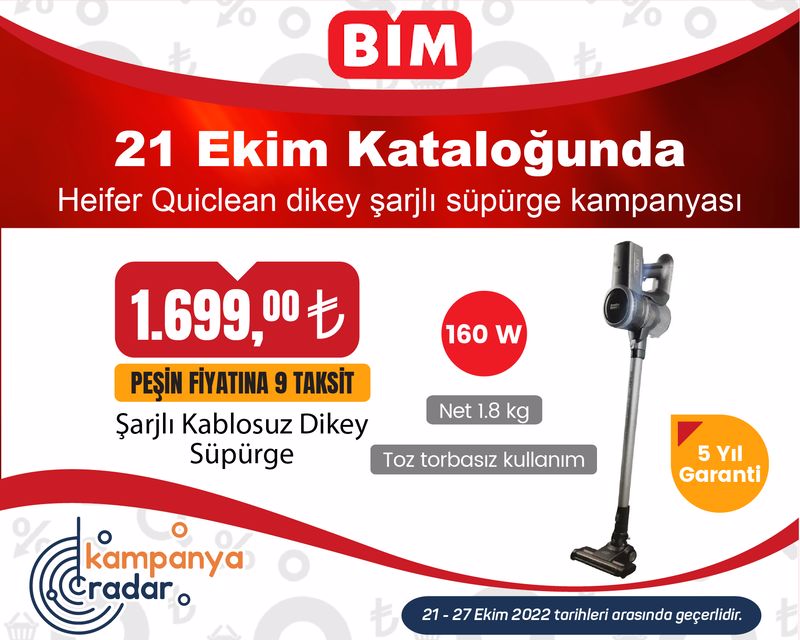 Bim 21 Ekim kataloğunda Heifer Quiclean dikey şarjlı süpürge kampanyası