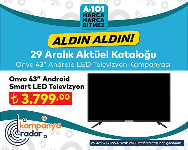 A101 Onvo Android Smart LED Televizyon kampanyası! A101 29 Aralık aktüel kataloğu