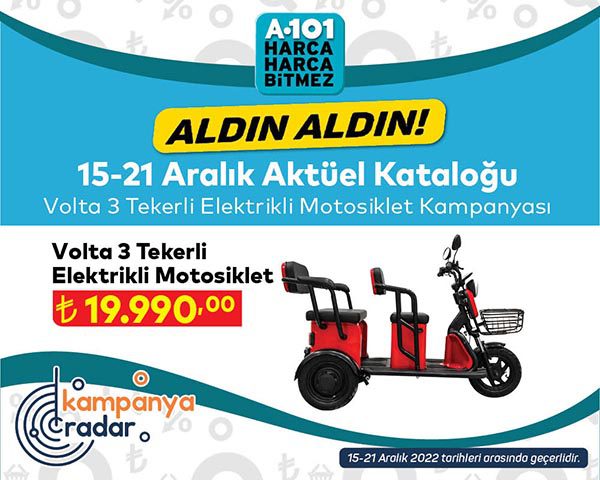 A101 15 Aralık kataloğunda Volta 3 tekerli elektrikli motosiklet kampanyası