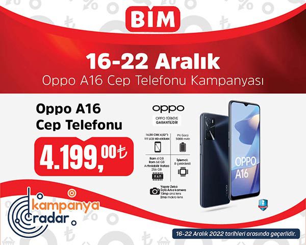 Bim 16 Aralık kataloğunda Oppo A16 cep telefonu kampanyası