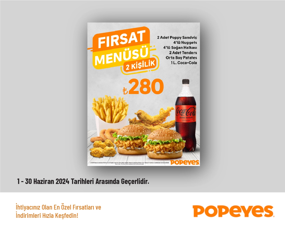 Popeyes Kampanyası - 2 Kişilik Fırsat Menü 280 TL'den Başlayan Fiyatlarla