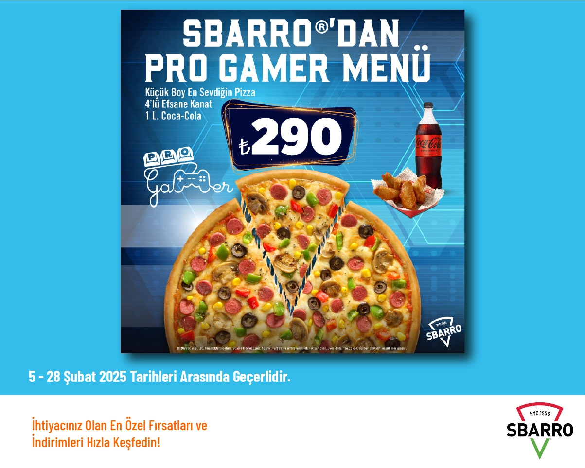 Sbarro İndirimi - Pro Gamer Menü 290 TL'den Başlayan Fiyatlarla