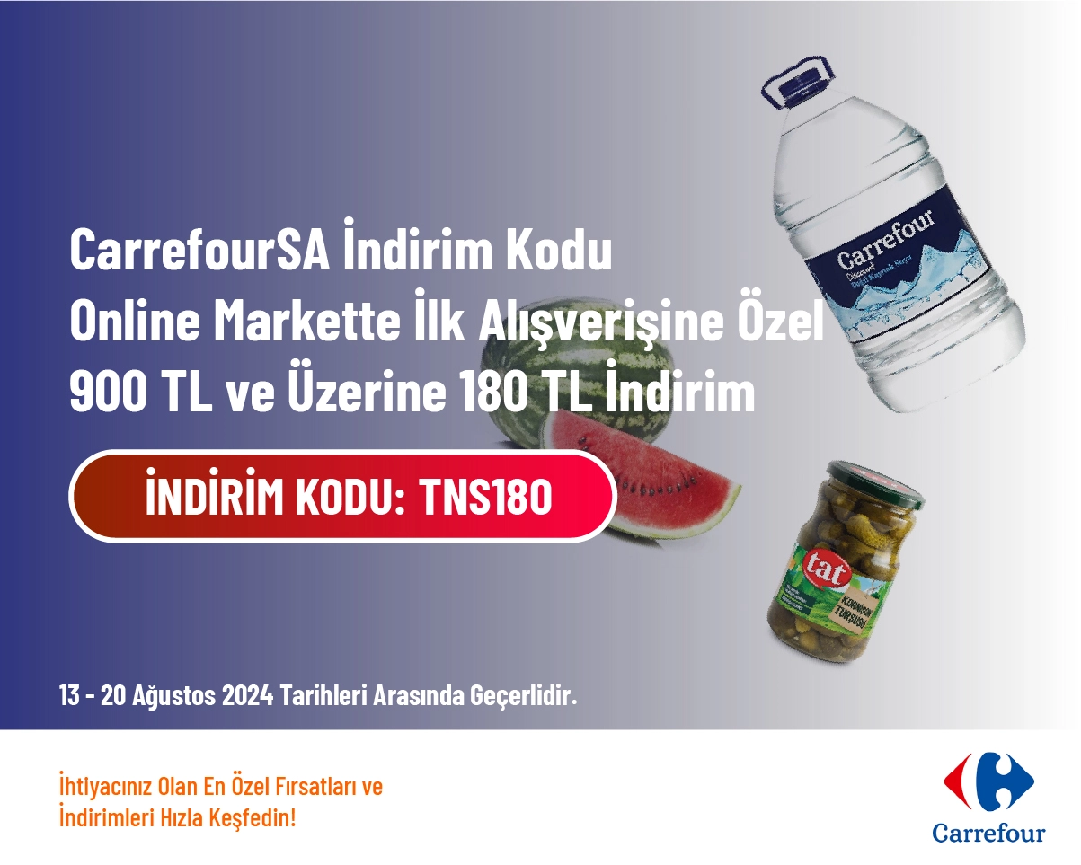 CarrefourSA İndirim Kodu - Online Markette İlk Alışverişine Özel 900 TL ve Üzerine 180 TL İndirim CarrefourSA İndirim Kodu - Online Markette İlk Alışverişine Özel 900 TL ve Üzerine 180 TL İndirim