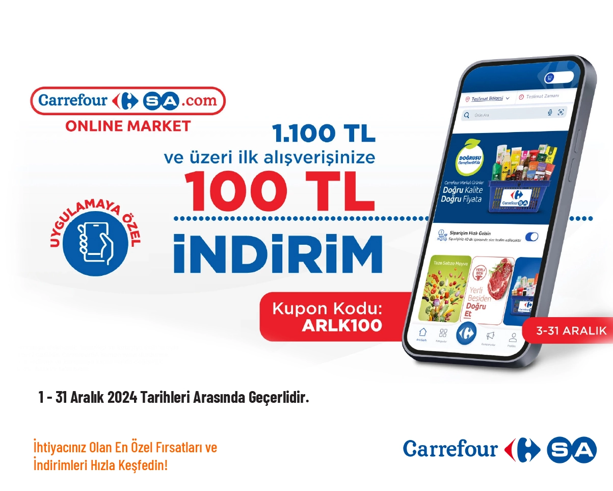 CarrefourSA İndirim Kodu - 1.100 TL ve Üzeri İlk Alışverişinize 100 TL İndirim