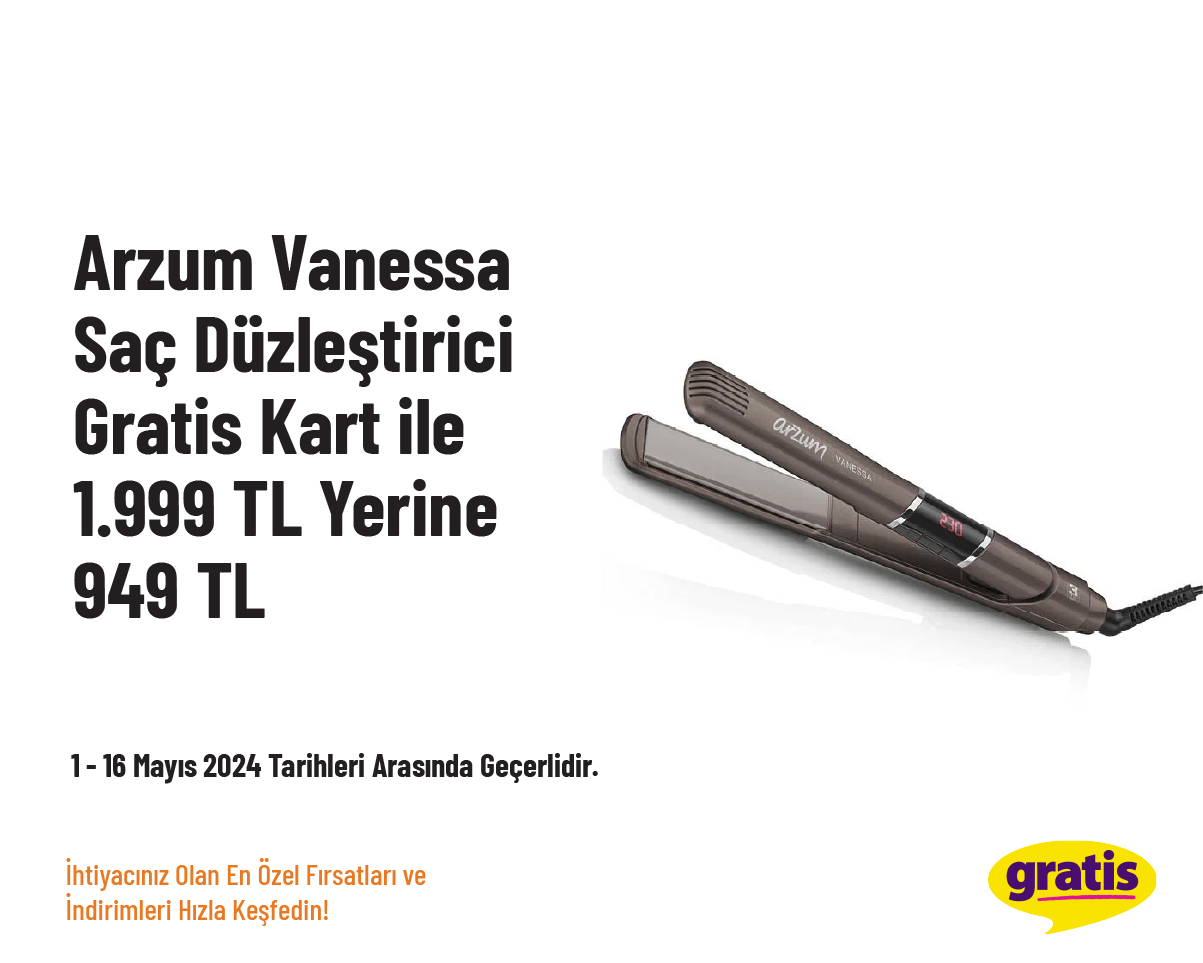 Arzum Vanessa Saç Düzleştirici Gratis Kart ile 1.999 TL Yerine 949 TL