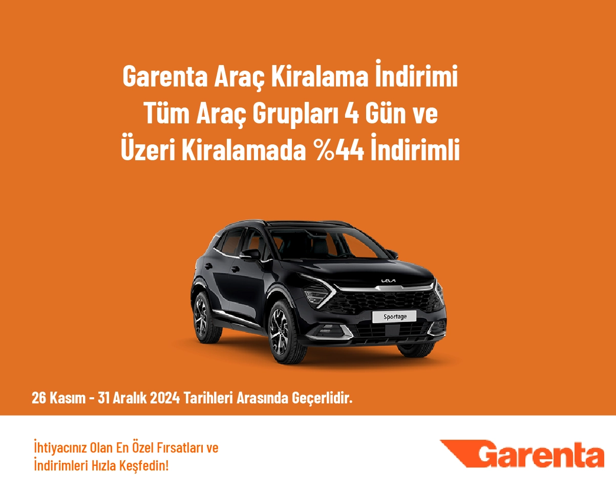 Garenta Araç Kiralama İndirimi - Tüm Araç Grupları 4 Gün ve Üzeri Kiralamada %44 İndirimli