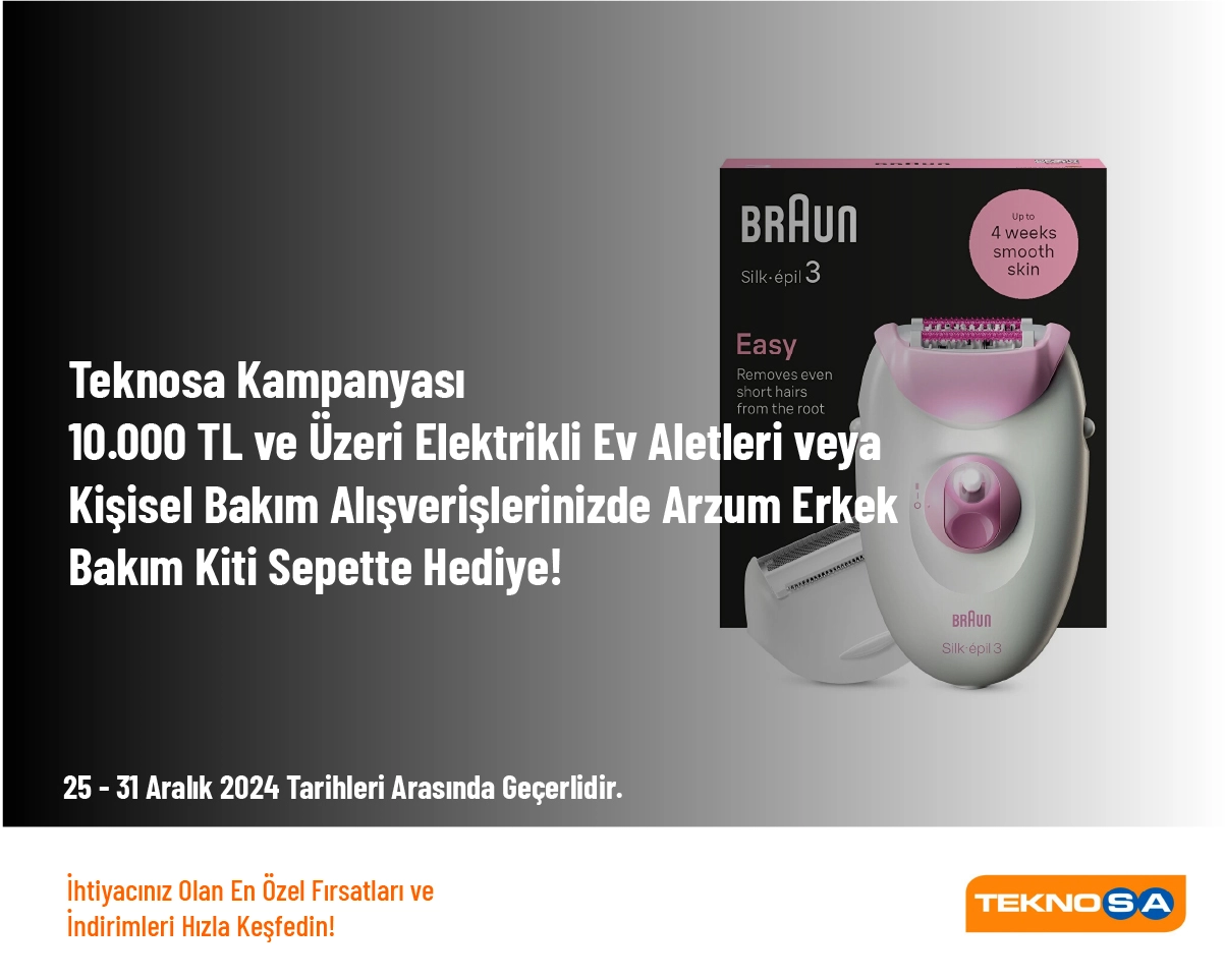 Teknosa Kampanyası - 10.000 TL ve Üzeri Elektrikli Ev Aletleri veya Kişisel Bakım Alışverişlerinizde Arzum Erkek Bakım Kiti Sepette Hediye!