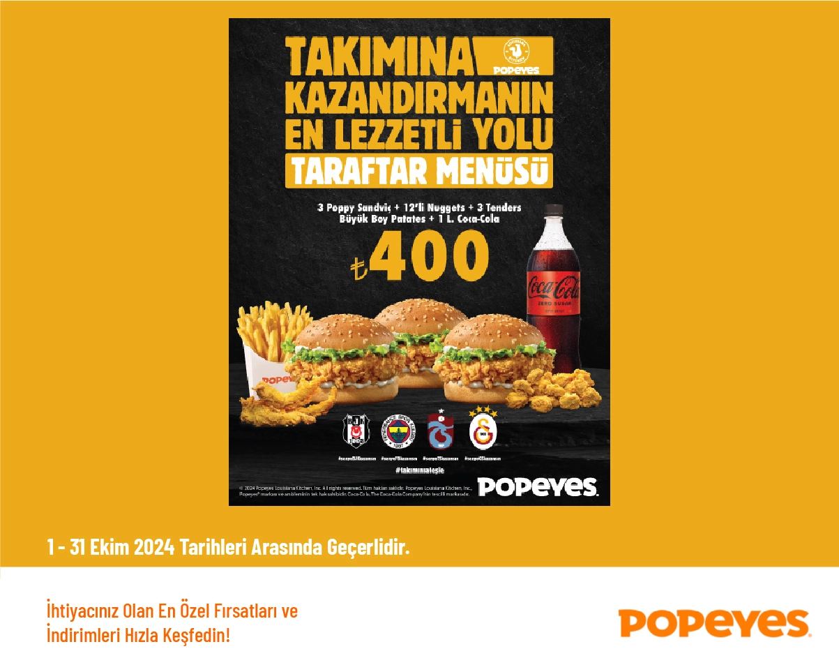 Popeyes İndirimi - Popeyes Maxi Taraftar Menüsü 400 TL'den Başlayan Fiyatlarla