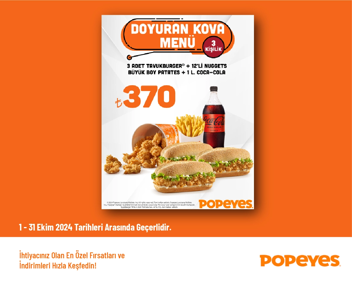 Popeyes İndirimi - 3 Kişilik Doyuran Kova Menü 370 TL'den Başlayan Fiyatlarla