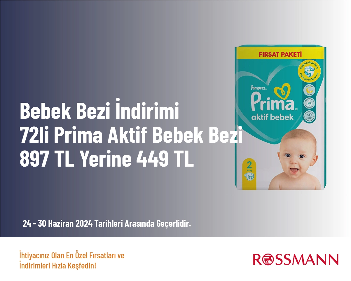 Bebek Bezi İndirimi -  72li Prima Aktif Bebek Bezi 897 TL Yerine 449 TL