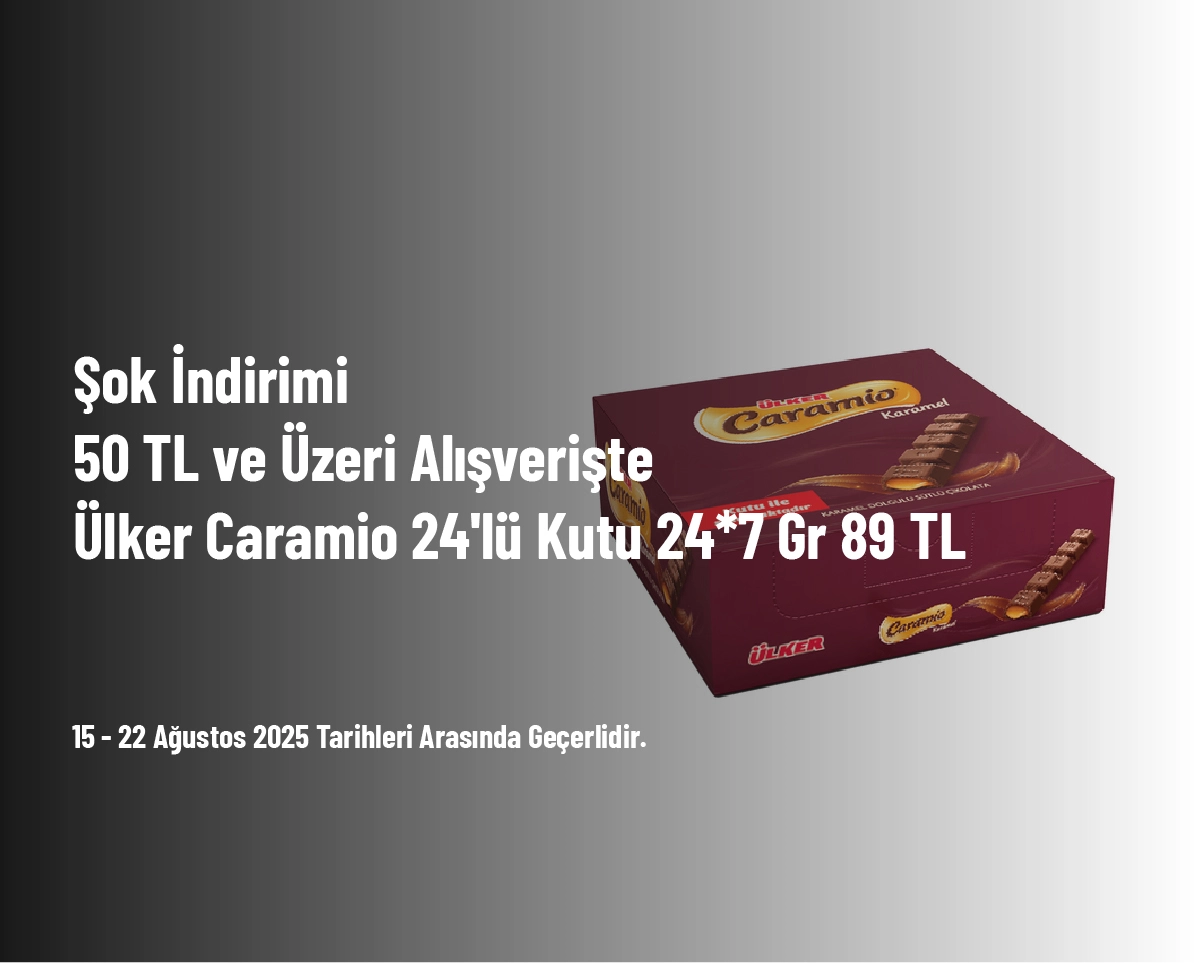 Şok İndirimi - 50 TL ve Üzeri Alışverişte Ülker Caramio 24'lü Kutu 24*7 Gr 89 TL Şok İndirimi - 50 TL ve Üzeri Alışverişte Ülker Caramio 24'lü Kutu 24*7 Gr 89 TL