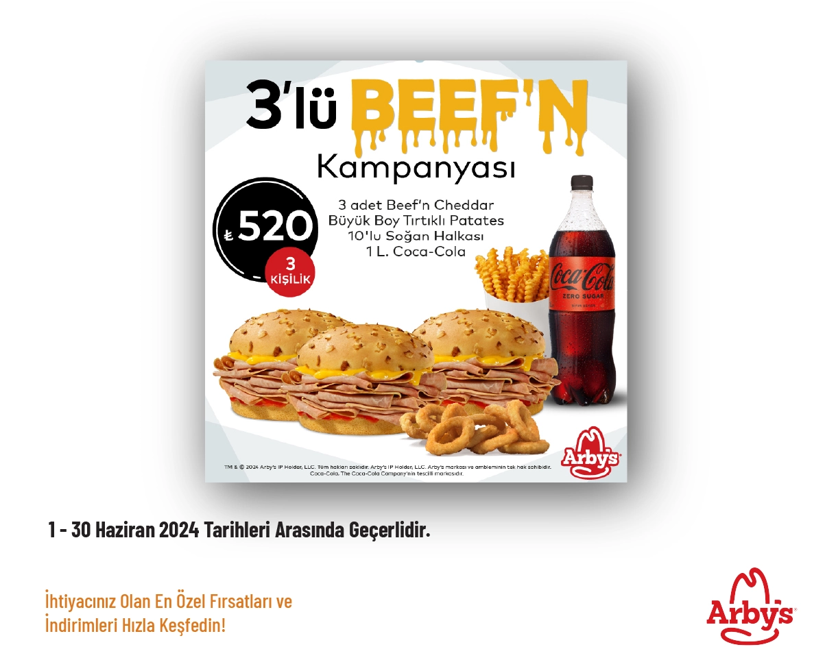 Arby's Kampanyası - 3'lü Beef'n Menü 520 TL'den Başlayan Fiyatlarla