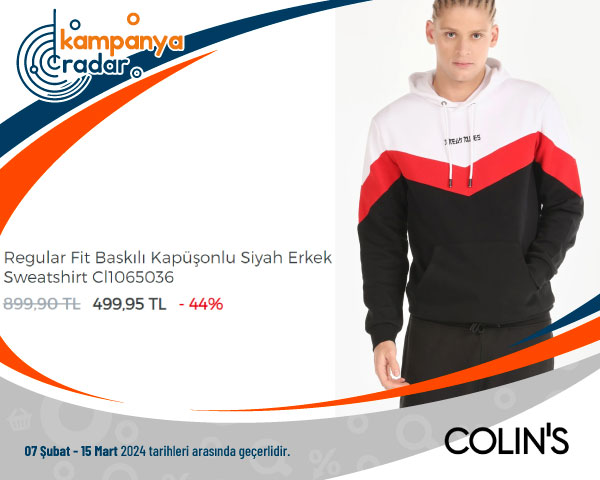  Colin's Regular Fit Baskılı Kapüşonlu Siyah Erkek Sweatshirt