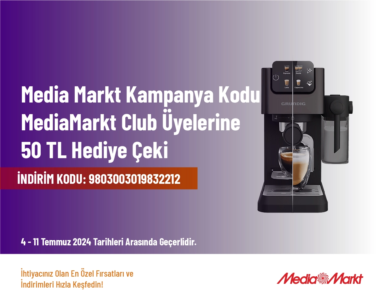 Media Markt Kampanya Kodu - MediaMarkt Club Üyelerine 50 TL Hediye Çeki