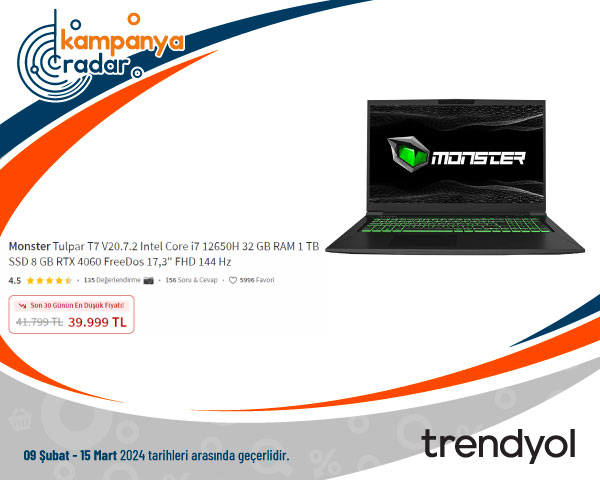 MonsterTulpar T7 V20.7.2 Intel Core i7 12650H 32 GB RAM 1 TB SSD 8 GB RTX 4060 17,3" FHD 144 Hz