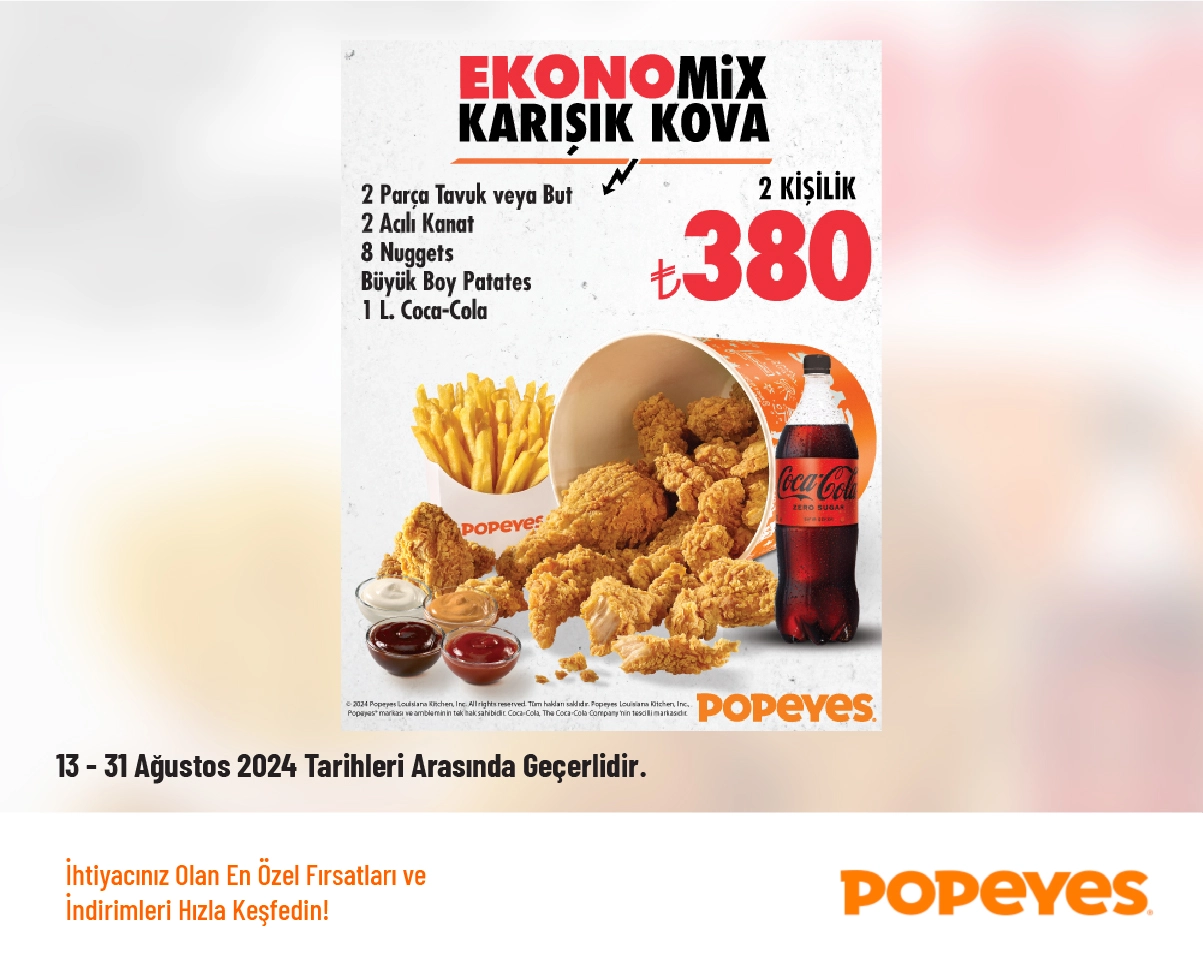 Popeyes Kampanyası - 2 Kişilik Ekonomix Karışık Kova 380 TL'den Başlayan Fiyatlarla