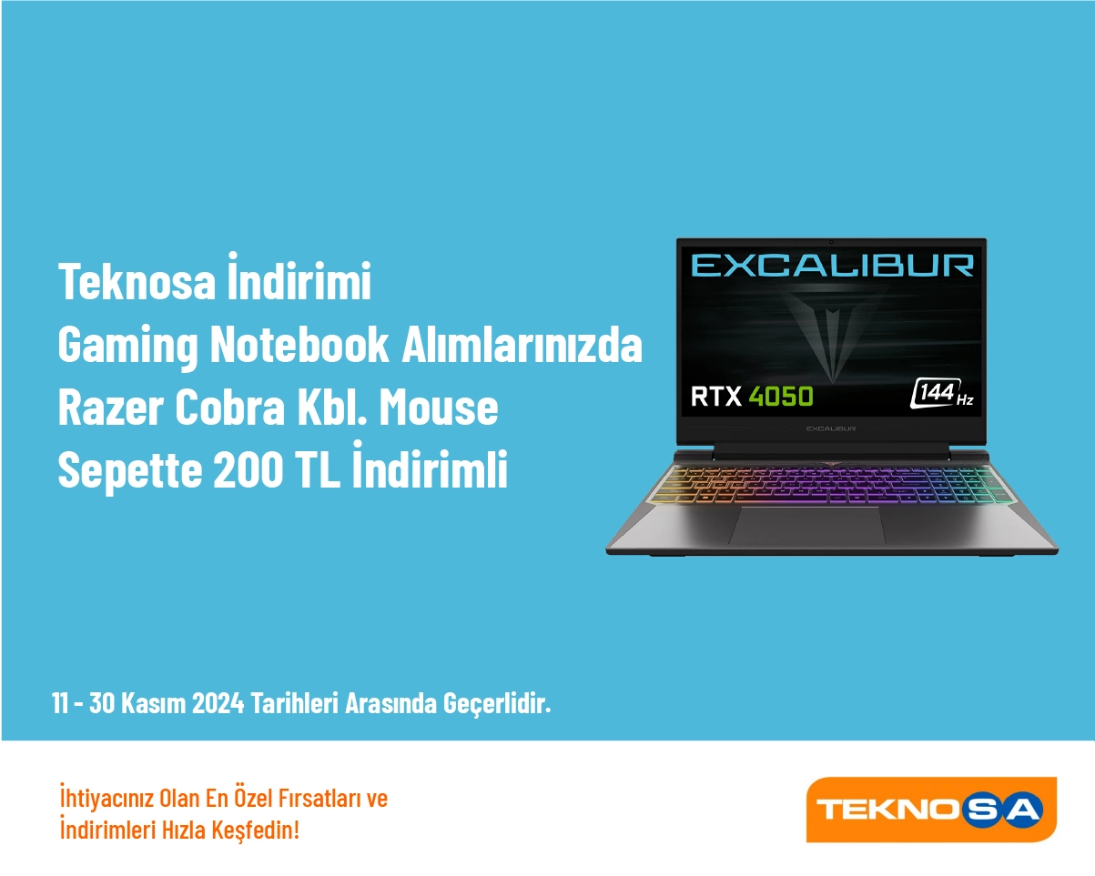 Teknosa İndirimi - Gaming Notebook Alımlarınızda Razer Cobra Kbl. Mouse Sepette 200 TL İndirimli