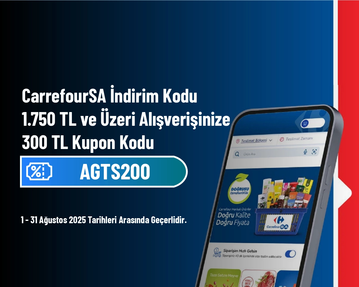 CarrefourSA İndirim Kodu - 1.750 TL ve Üzeri Alışverişinize 300 TL Kupon Kodu CarrefourSA İndirim Kodu - 1.750 TL ve Üzeri Alışverişinize 300 TL Kupon Kodu