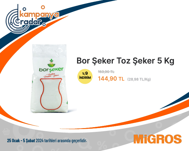 Migros Bor Şeker Toz Şeker 5 Kg İndirimi