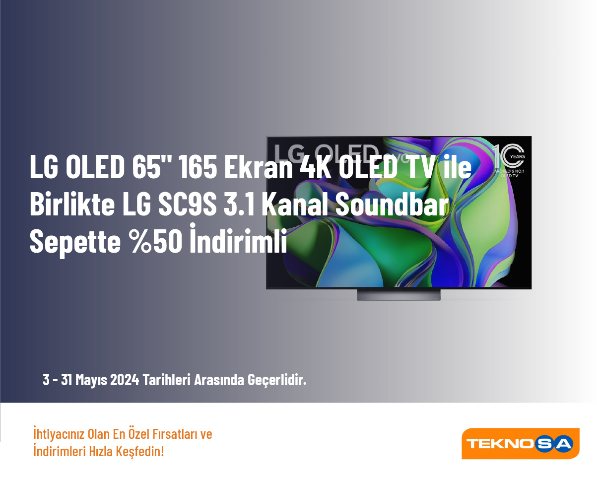 LG OLED65C34LA 65" 165 Ekran 4K OLED TV ile Birlikte LG SC9S 3.1 Kanal Soundbar Sepette %50 İndirimli