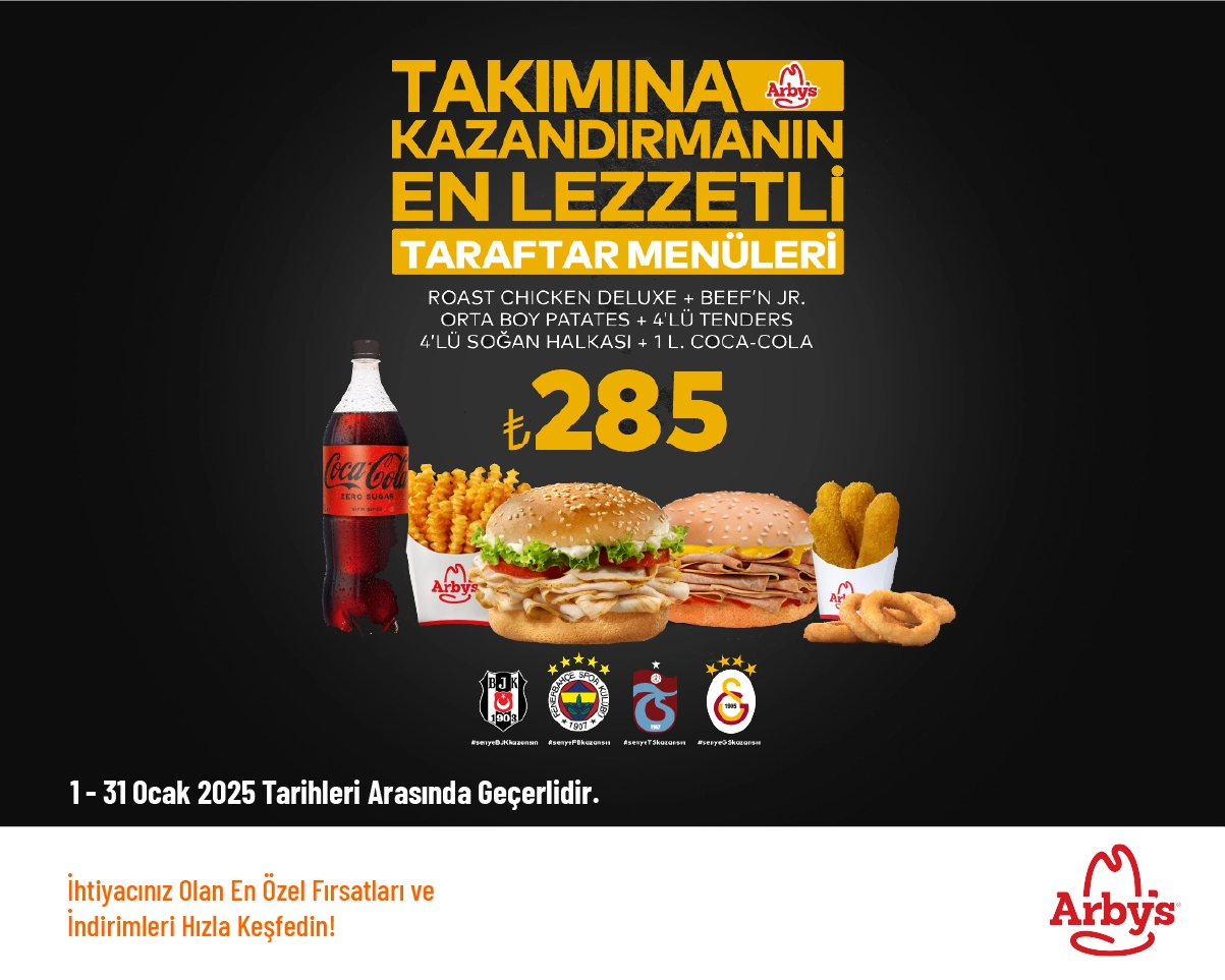 Arby's İndirimi - Arby’s Taraftar Menüleri 285 TL'den Başlayan Fiyatlarla