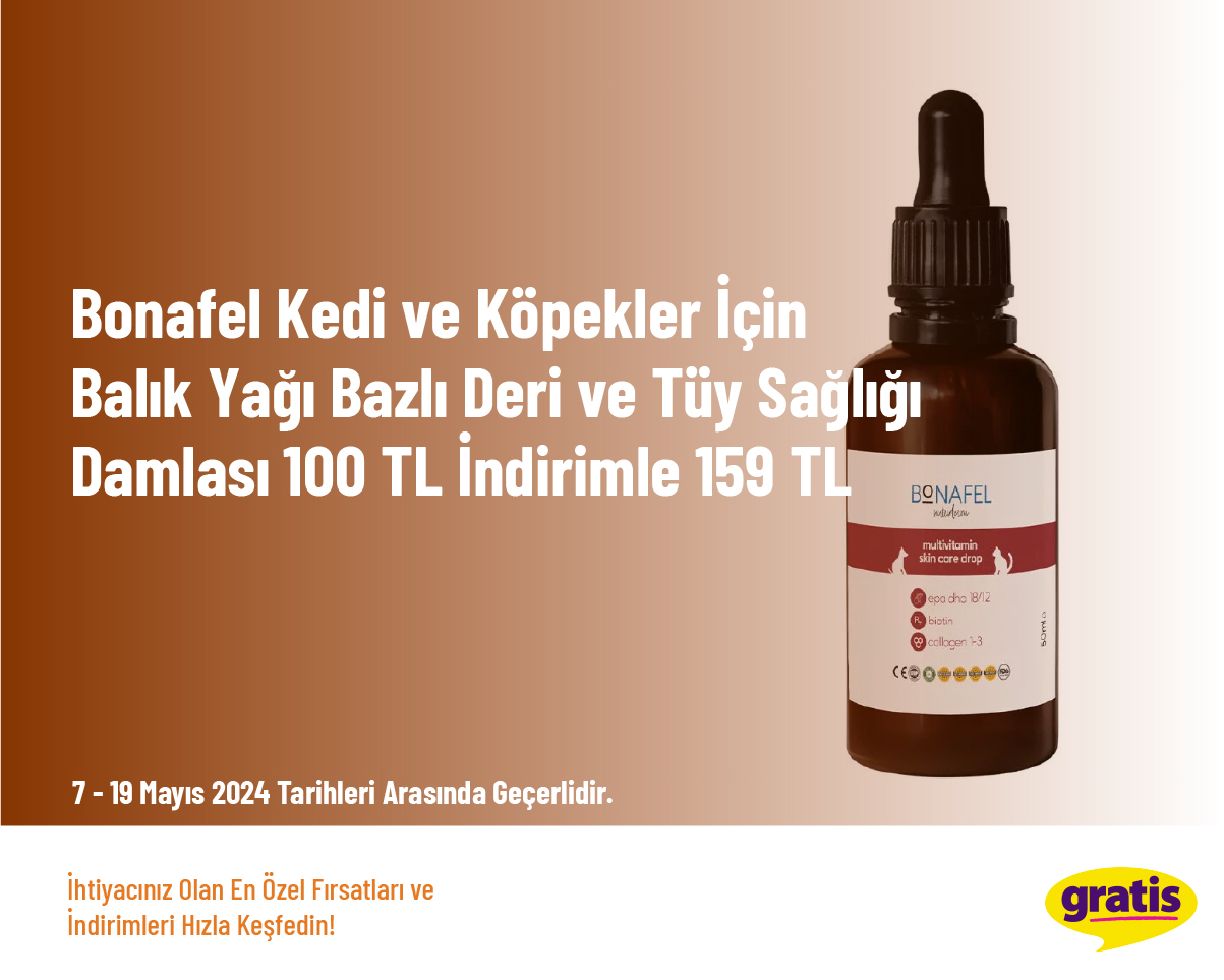 Bonafel Kedi ve Köpekler İçin Balık Yağı Bazlı Deri ve Tüy Sağlığı Damlası 100 TL İndirimle 159 TL