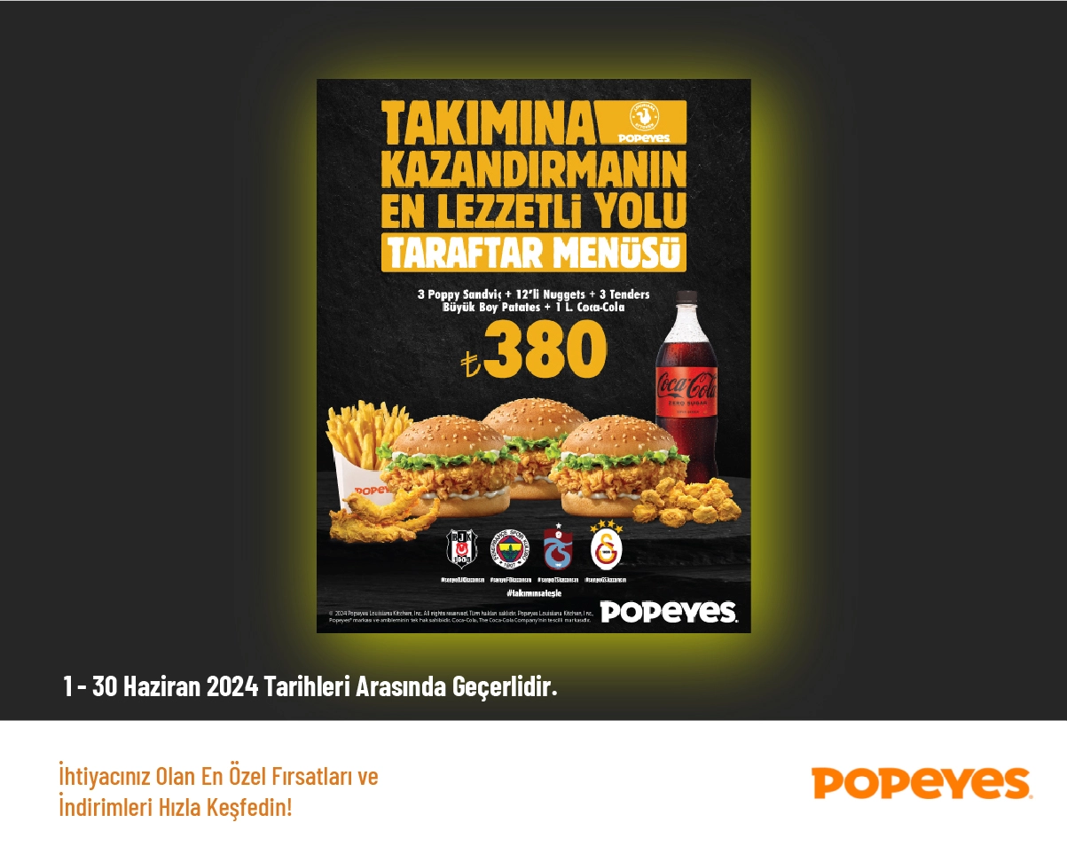 Popeyes İndirimi - Maxi Taraftar Menüsü 360 TL'den Başlayan Fiyatlarla