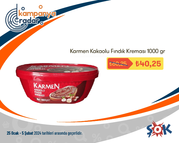 Şok Market Karmen Kakaolu Fındık Kreması İndirimi Şok Market Karmen Kakaolu Fındık Kreması İndirimi