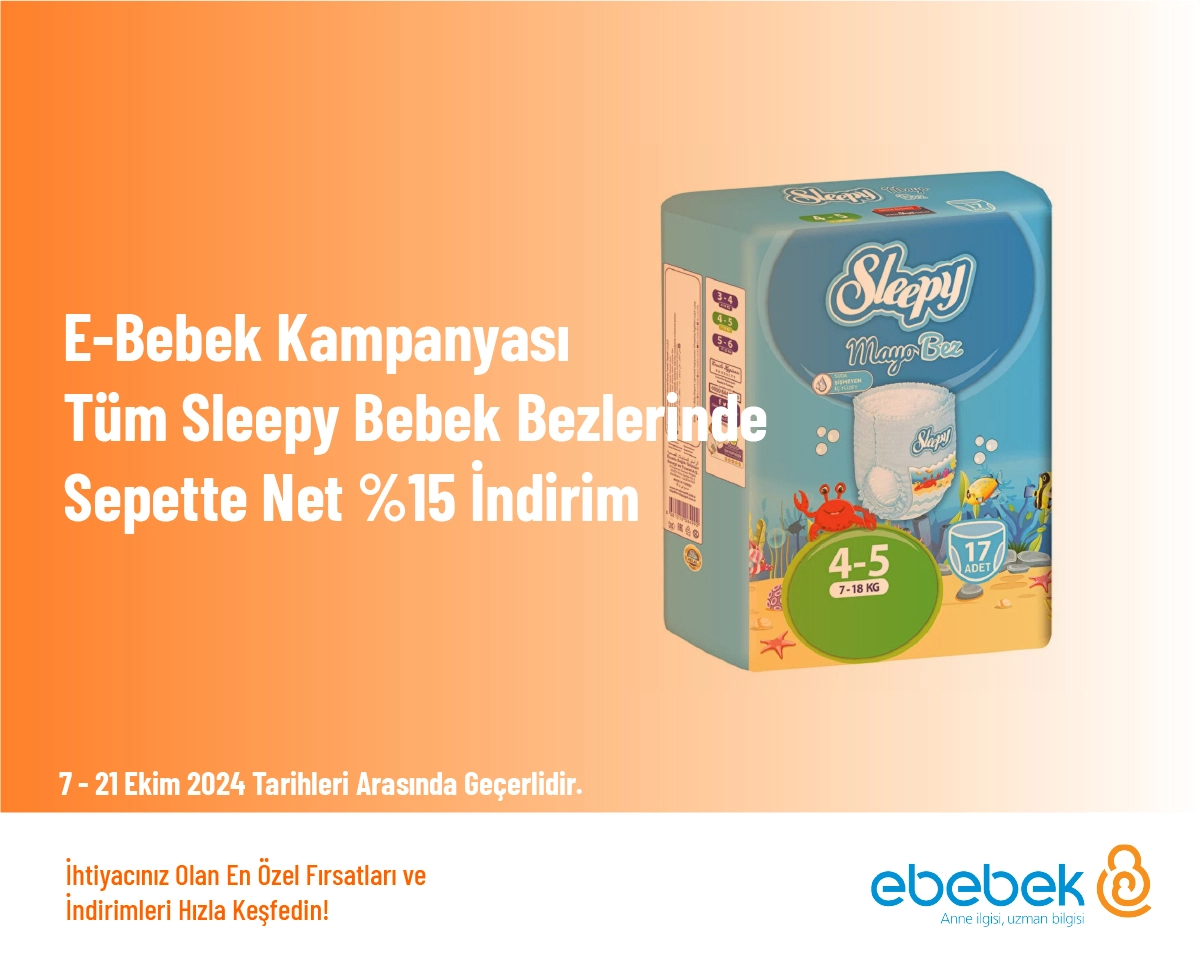 E-Bebek Kampanyası - Tüm Sleepy Bebek Bezlerinde Sepette Net %15 İndirim