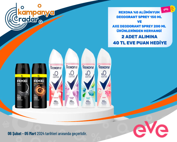 REXONA SPREY 150 ML ve AXE DEODORANT 200 ML ÜRÜNLERİNDEN HERHANGİ 2 ADET ALIMINA 40 TL EVE PUAN HEDİYE