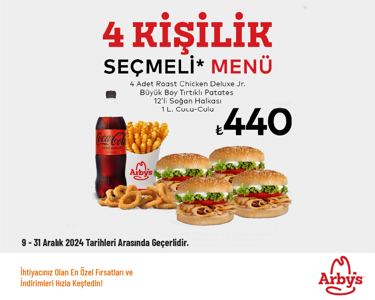 Arby's Kampanyası - 4 Kişilik Seçmeli Menü 440 TL'den Başlayan Fiyatlarla