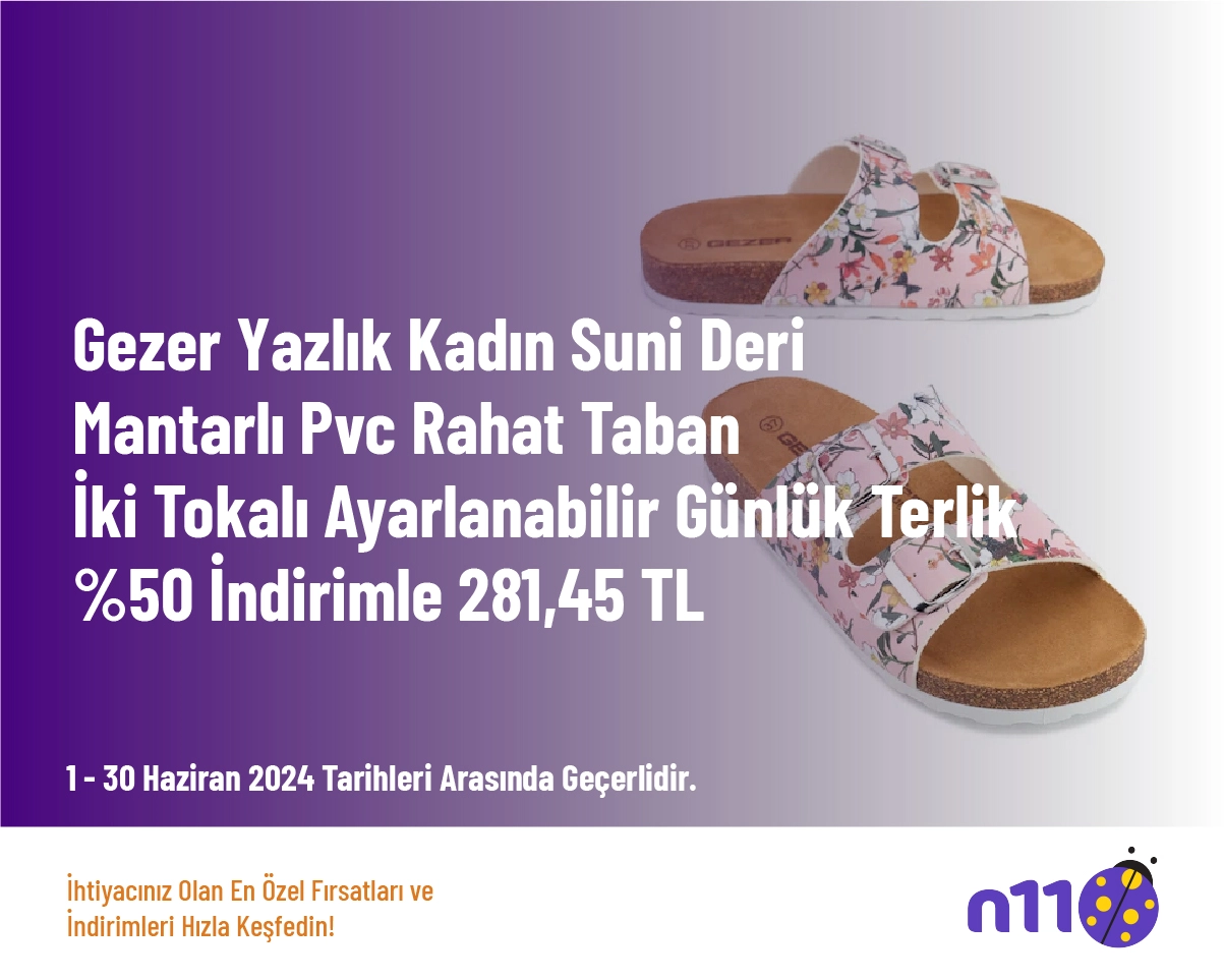 Kadın Terlik İndirimi - Gezer Yazlık Kadın Suni Deri Mantarlı Pvc Rahat Taban İki Tokalı Ayarlanabilir Günlük Terlik %50 İndirimle 281,45 TL Kadın Terlik İndirimi - Gezer Yazlık Kadın Suni Deri Mantarlı Pvc Rahat Taban İki Tokalı Ayarlanabilir Günlük Terlik %50 İndirimle 281,45 TL