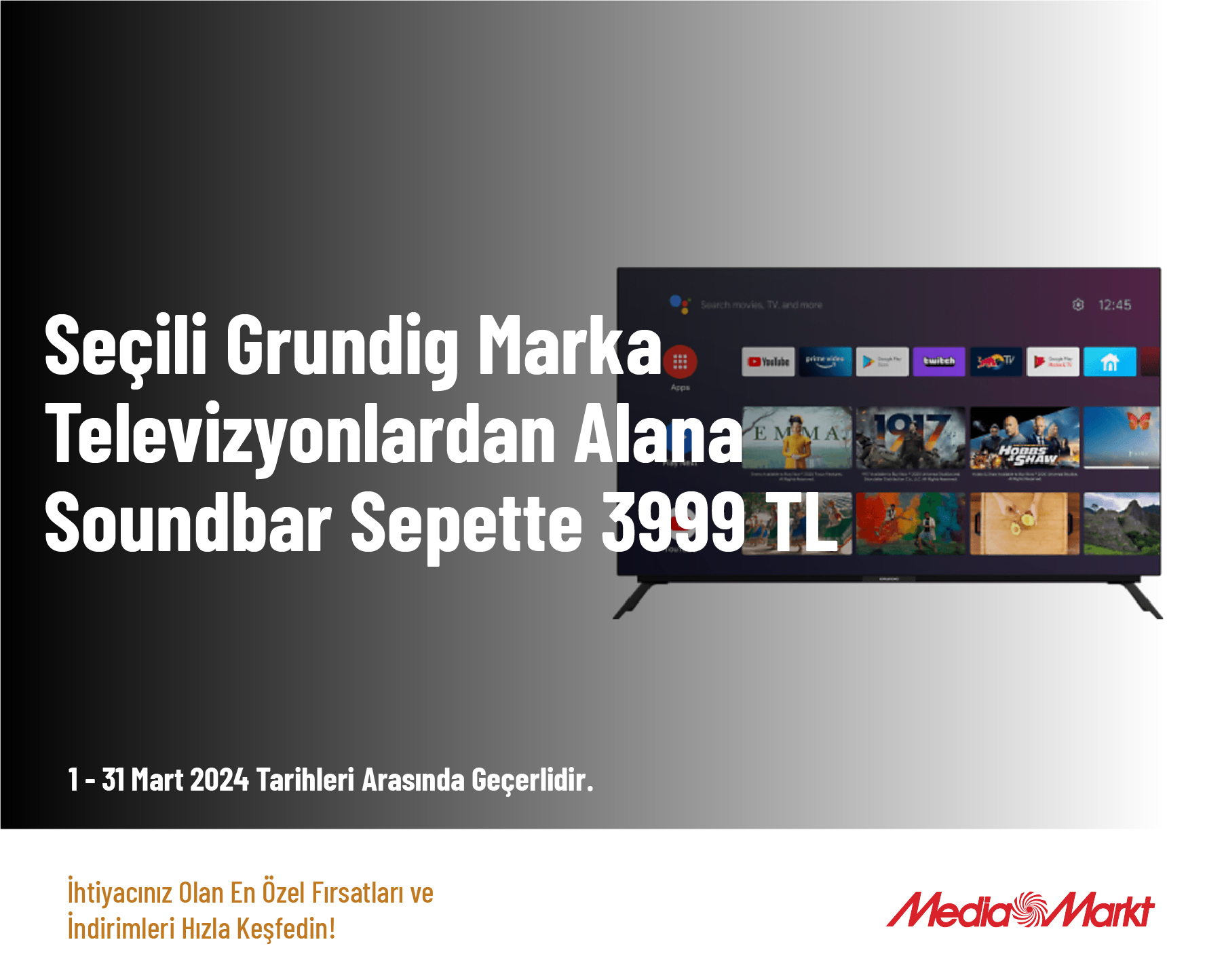 Seçili Grundig Marka Televizyonlardan Alana Soundbar Sepette 3999 TL Seçili Grundig Marka Televizyonlardan Alana Soundbar Sepette 3999 TL
