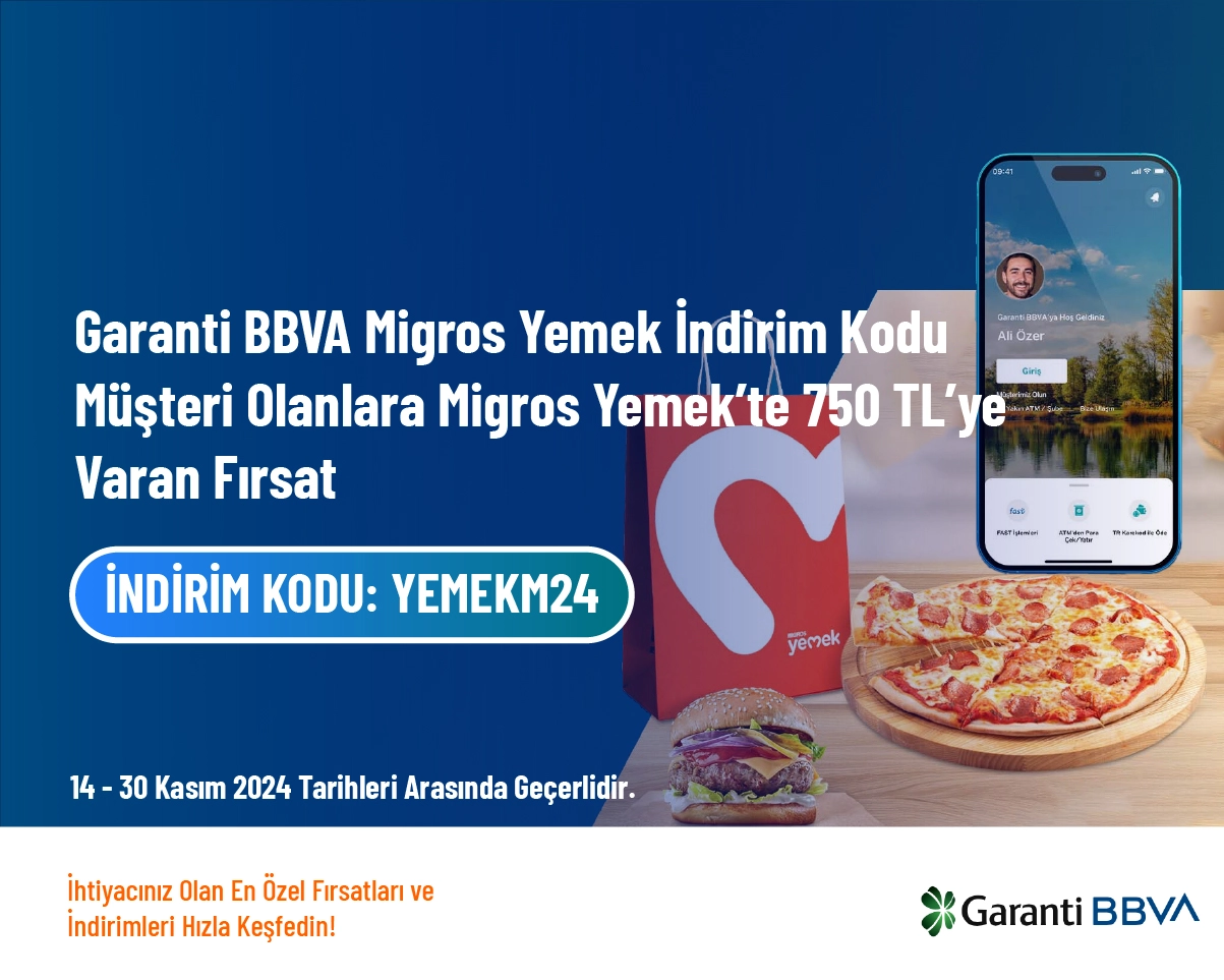 Garanti BBVA Migros Yemek İndirim Kodu - Müşteri Olanlara Migros Yemek’te 750 TL’ye Varan Fırsat