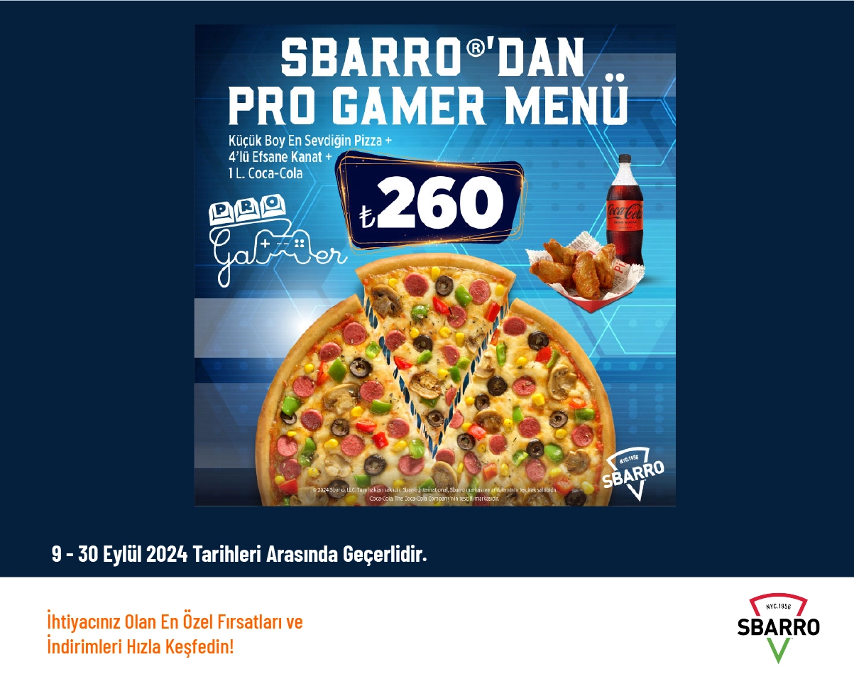 Sbarro İndirimi - Pro Gamer Menü 260 TL'den Başlayan Başlayan Fiyatlarla