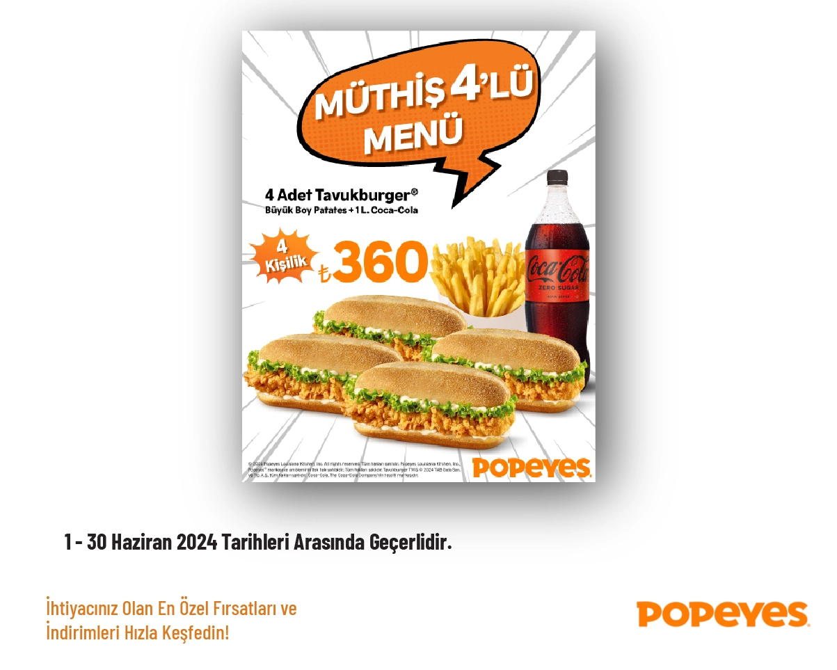 Popeyes İndirimi - Müthiş 4'lü Menü 350 TL'den Başlayan Fiyatlarla