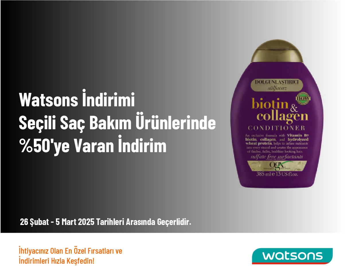 Watsons İndirimi - Seçili Saç Bakım Ürünlerinde %50'ye Varan İndirim