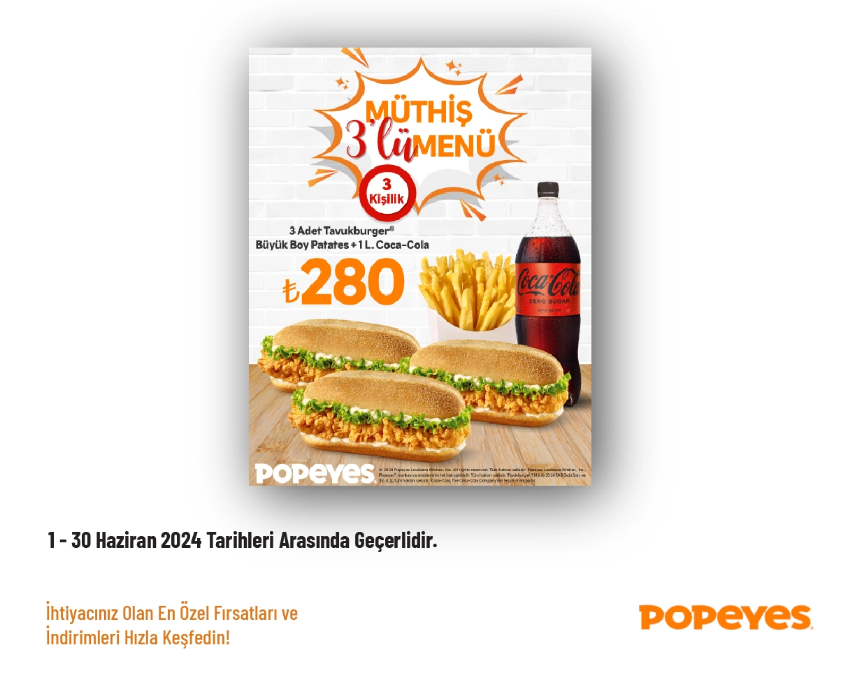 Popeyes İndirimi - Müthiş 3'lü Menü 270 TL'den Başlayan Fiyatlarla