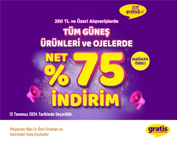 Büyük Gratis İndirimi - Gratis Mağazalarında Geçerli 250 TL ve Üzeri Alışverişlerde Tüm Güneş Ürünleri ve Ojelerde %75 İndirim Büyük Gratis İndirimi - Gratis Mağazalarında Geçerli 250 TL ve Üzeri Alışverişlerde Tüm Güneş Ürünleri ve Ojelerde %75 İndirim