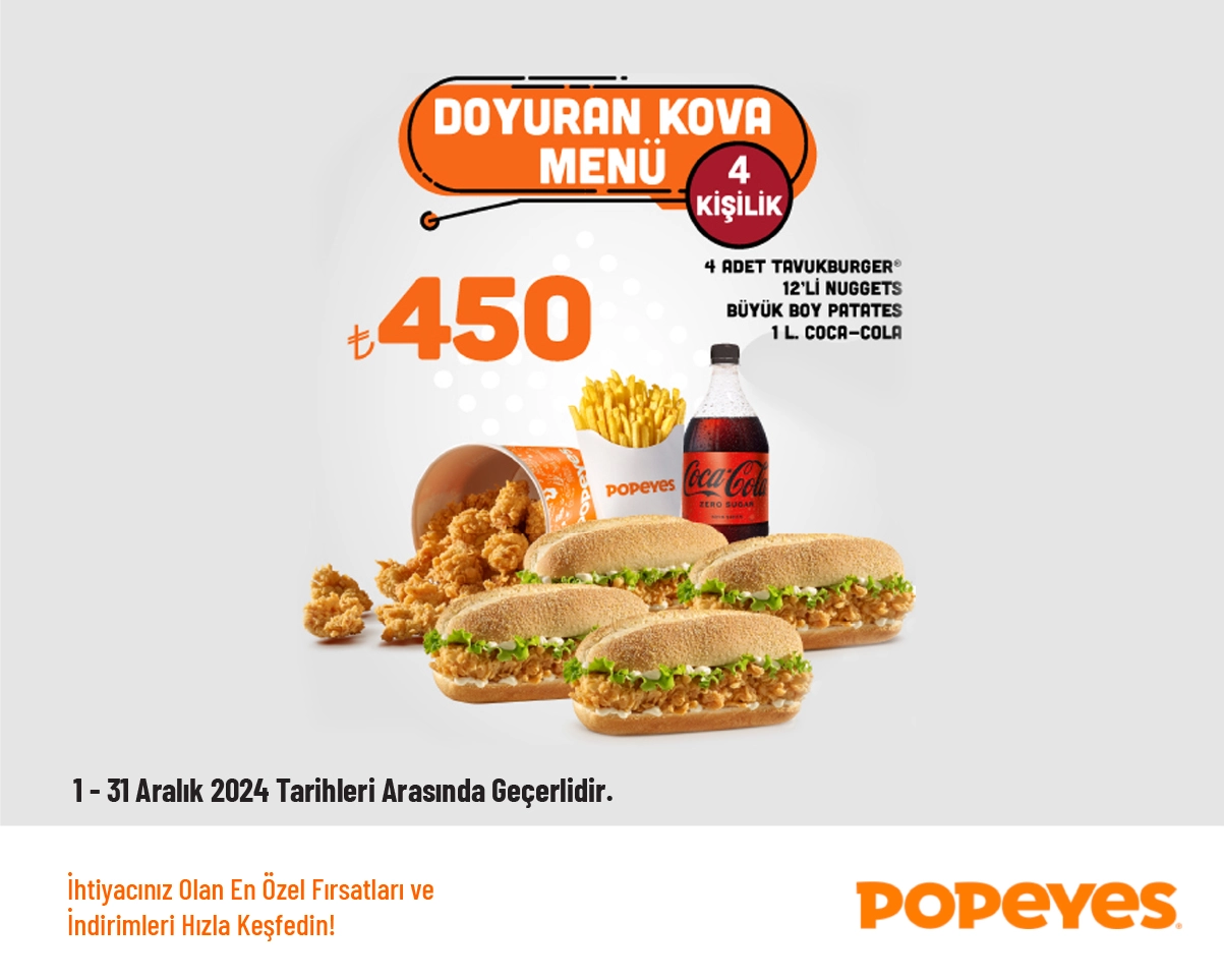 Popeyes İndirimi - 4 Kişilik Doyuran Kova Menü 450 TL'den Başlayan Fiyatlarla