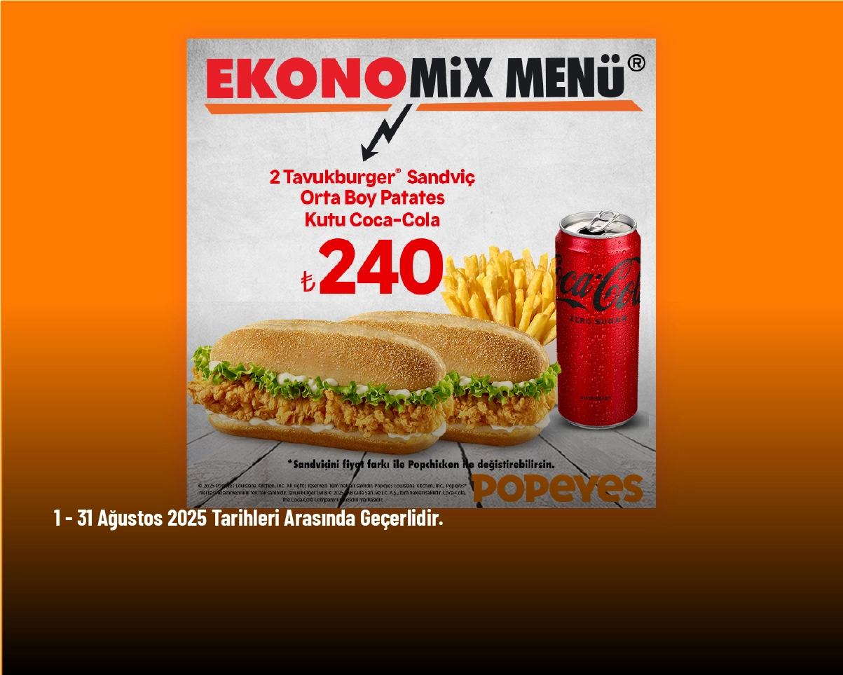 Popeyes Kampanyası - Ekonomix Menü Sadece 240 TL Popeyes Kampanyası - Ekonomix Menü Sadece 240 TL