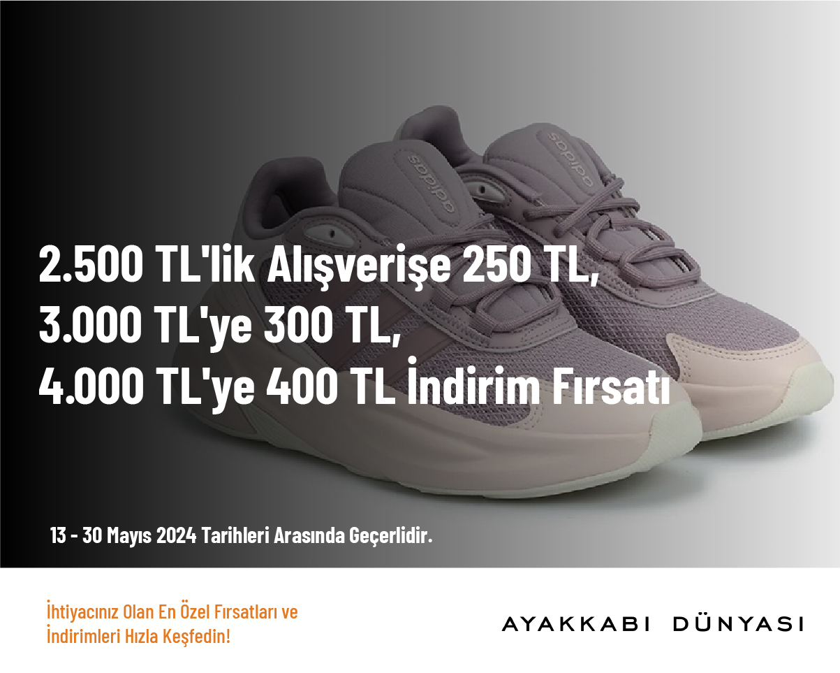 2.500 TL'lik Alışverişe 250 TL, 3.000 TL'ye 300 TL, 4.000 TL'ye 400 TL İndirim Fırsatı