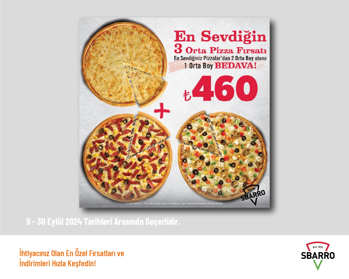 Sbarro İndirimi - 3 Adet Orta Boy Pizza 460 TL'den Başlayan Başlayan Fiyatlarla