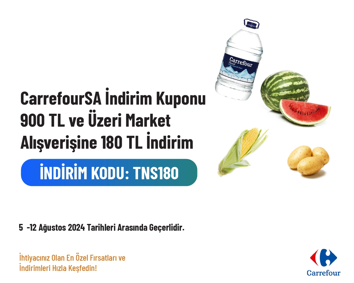 CarrefourSA İndirim Kuponu - 900 TL ve Üzeri Market Alışverişine 180 TL İndirim CarrefourSA İndirim Kuponu - 900 TL ve Üzeri Market Alışverişine 180 TL İndirim