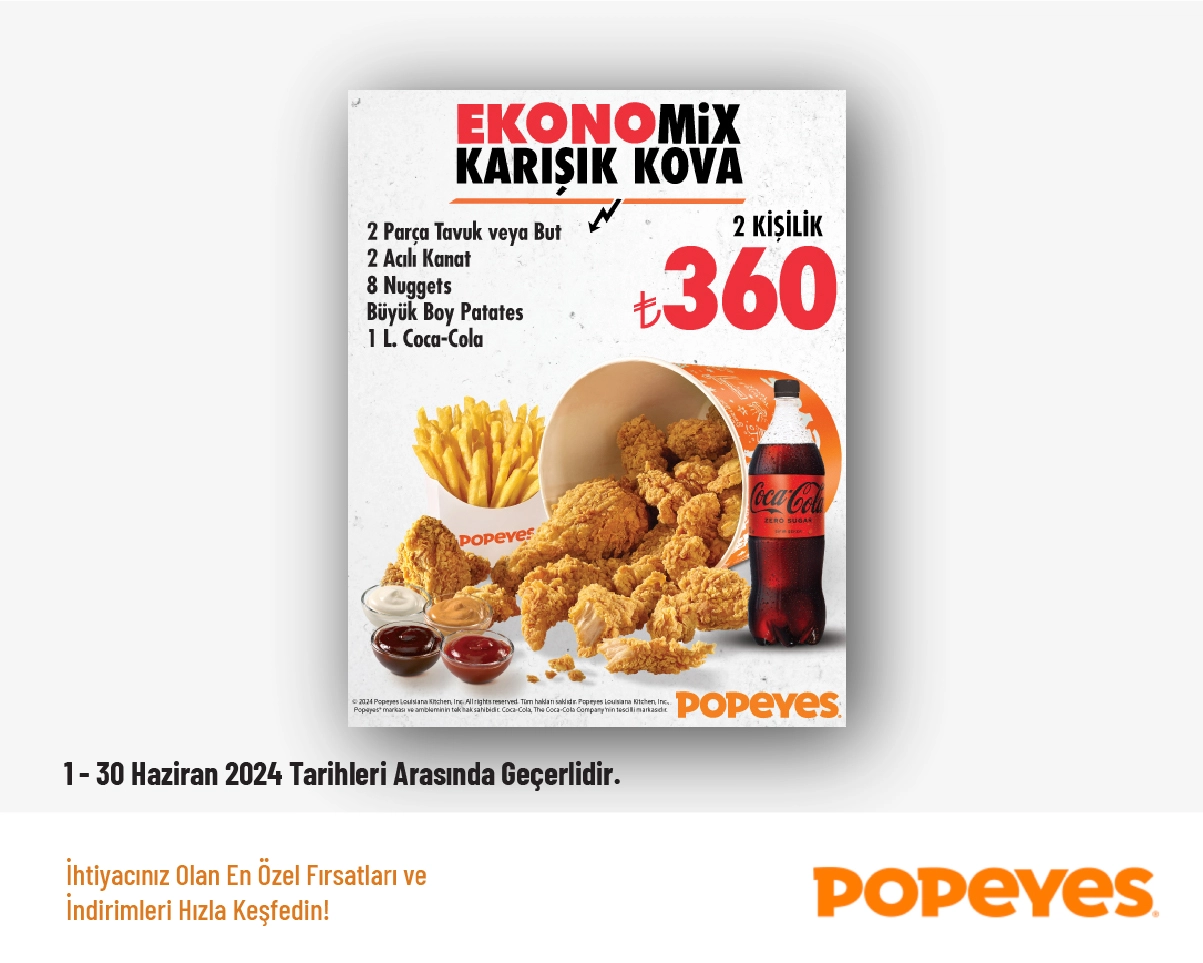 Popeyes Kampanyası - 2 Kişilik Ekonomix Karışık Kova 350 TL'den Başlayan Fiyatlarla