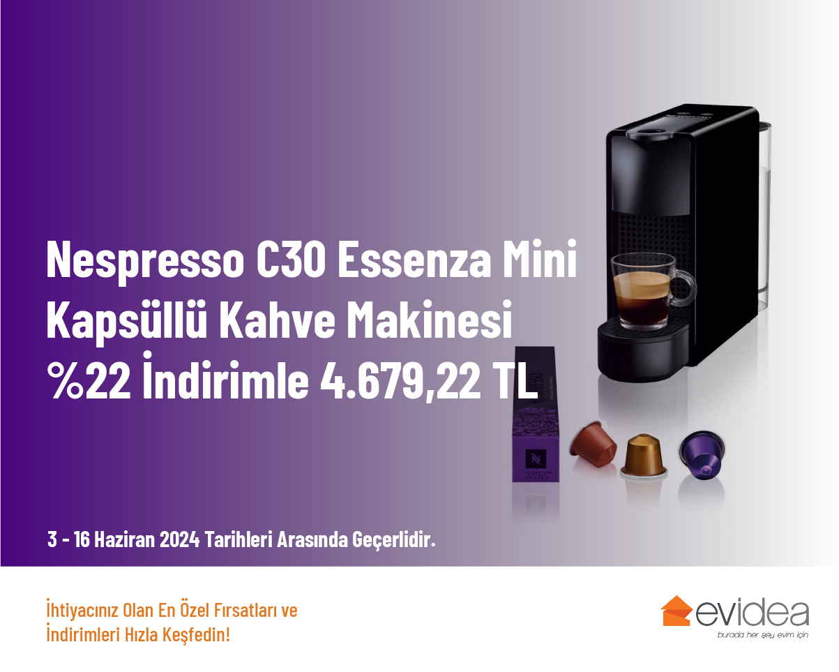 Nespresso C30 Essenza Mini Kapsüllü Kahve Makinesi %22 İndirimle 4.679,22 TL