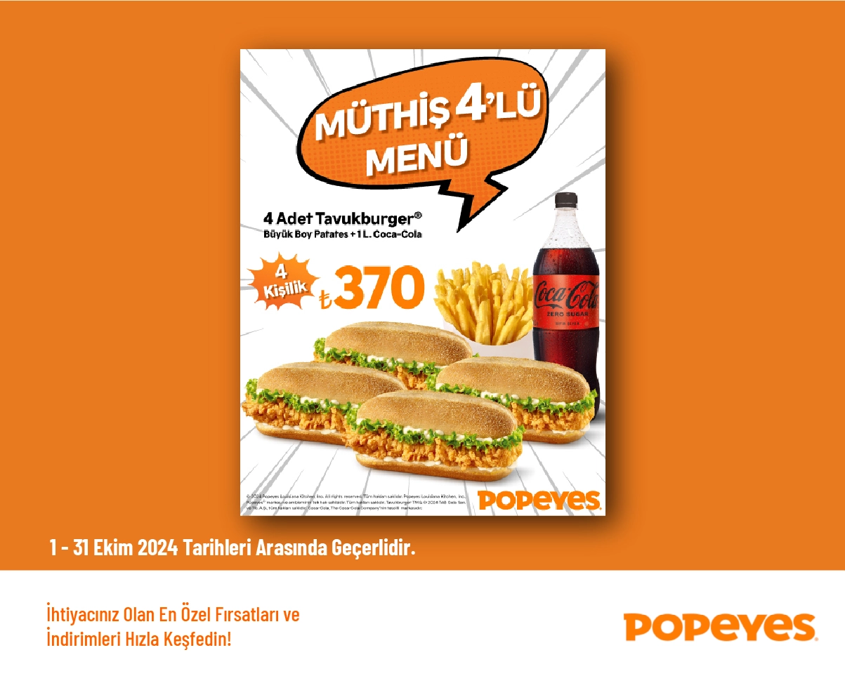 Popeyes İndirimi - 4 Kişilik Müthiş 4’lü Menü 370 TL'den Başlayan Fiyatlarla